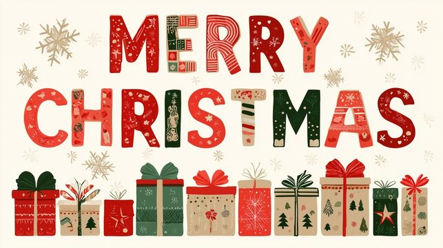 A festive merry christmas greeting in bold red letters, each filled with holiday-themed designs such as candy canes, snowflakes, stars, trees, and ornaments. Ideal for holiday and christmas card - Powered by Adobe