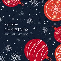 Square Happy New Year Card With Red Christmas Balls and snowflakes. Vector template for the design of banners, posters, flyers, posts on social media, promotions