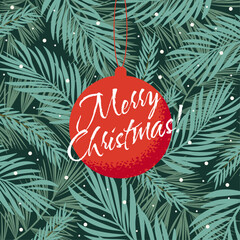 Square Colorful Merry Christmas Greeting Card. Winter background with coniferous branches and a Christmas tree red ball with textures. Vector template for banners, flyers, promotions