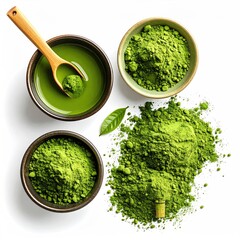 Matcha powder in ceramic bowls, with a wooden spoon