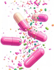 Pink capsules surrounded by colorful sprinkles