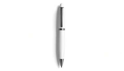 A white ballpoint pen, vertically oriented, against a plain white background.  The pen has a smooth, glossy surface, with a slightly tapered body and metal accents