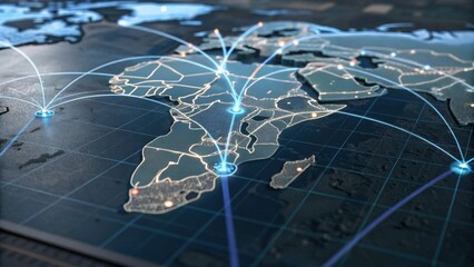 A digital map highlighting global connections with glowing lines representing data flow across continents, emphasizing technological networks.