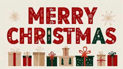 A festive merry christmas greeting in bold red letters, each filled with holiday-themed designs such as candy canes, snowflakes, stars, trees, and ornaments. Ideal for holiday and christmas card