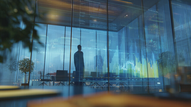 executive analyzing financial dashboards in a night boardroom, business  - Powered by Adobe