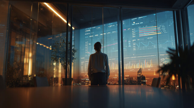 executive analyzing financial dashboards in a night boardroom, business 