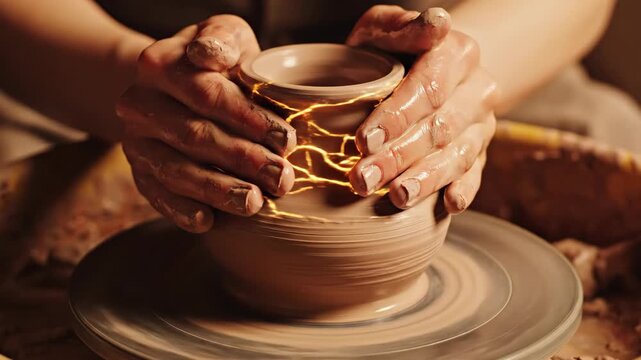 Potters hands shaping wet clay on wheel. Forming ceramic vase from lump. Golden kintsugi cracks reveal beauty in imperfection. Artistic transformation and resilience concept for advertising footage.