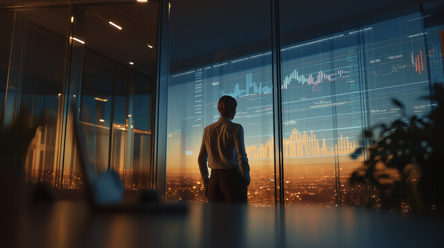 executive analyzing financial dashboards in a night boardroom, business - Powered by Adobe