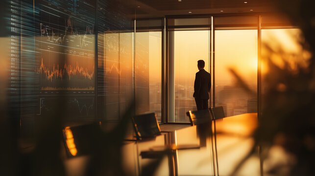 executive analyzing financial dashboards in a night boardroom, business 