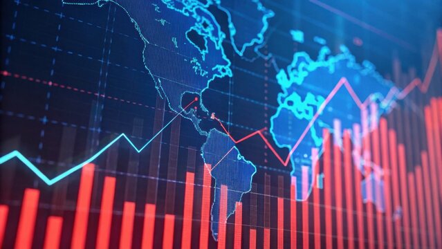 A digital graphic showcasing a world map with overlaid financial graphs and statistics in vibrant blue and red colors.
