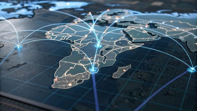 A digital map highlighting global connections with glowing lines representing data flow across continents, emphasizing technological networks.