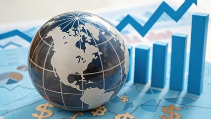 A globe with a map of North America sits on a financial chart, symbolizing global economics and market trends.