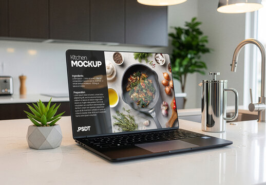 Laptop on kitchen table top. Web design mockup