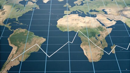 A detailed map of the world with a fluctuating graph line overlay, symbolizing trends and data analysis across different regions.