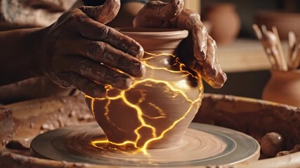 Extreme closeup of potters hands shaping clay vase on wheel. Broken pottery cracks then mends with gold filling. Kintsugi technique symbolizing beauty in imperfection and resilience for conceptual