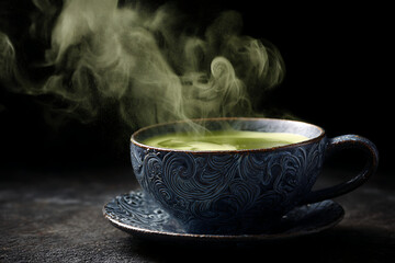 Indulge in a moment of zen with vibrant matcha tea in a beautifully textured cup, warm and comforting, perfect for wellness and mindfulness campaigns