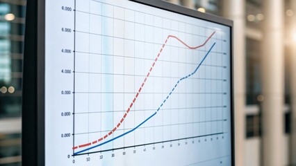 A digital chart displays two trend lines, one dashed and one solid, indicating varying data changes over time in a modern, professional setting.