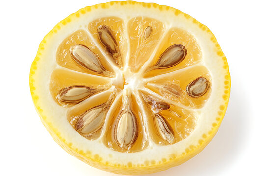 Perfectly sliced Meyer lemon half showcasing juicy pulp and seeds, adding a bright, citrusy touch to any food or beverage project with zesty flavor