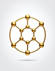 Gold-colored, 3D molecular structure, hexagonal shape, within a circular frame