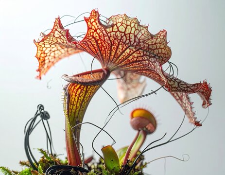 Close-up of a carnivorous plant, showing intricate, vibrant red and white pitcher-shaped leaves with delicate, dark tendrils