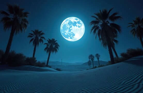 Dramatic night photo of desert oasis under full moon. Palm trees stand tall against moonlit sky. Tranquil landscape shows sand dunes under moonlight. Dark silhouette of palm tree branches.