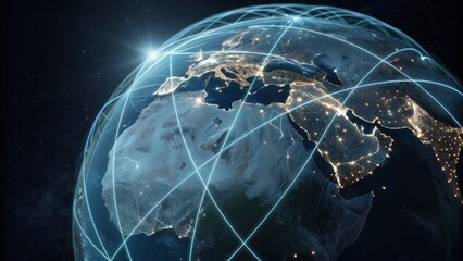 A digital representation of Earth at night, showcasing illuminated regions and interconnected lines, symbolizing global connectivity and networks.
