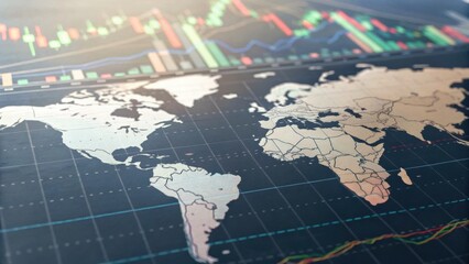 A detailed world map overlayed with financial graphs, showcasing global markets and trends in a modern, digital context.