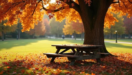 Empty wooden picnic table sits under large tree with vibrant orange autumn leaves falling around. Sunlit park shows grassy area and path in background. Quiet, seasonal outdoor scene awaits.