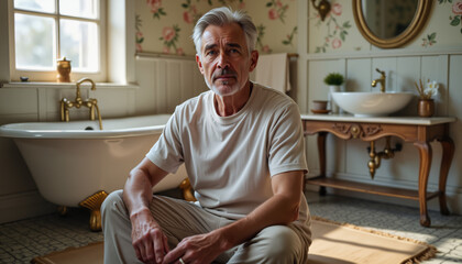 Elderly man sitting on bathroom floor with thoughtful expression  
