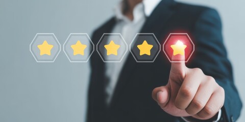 Customer Service Rating: A well-dressed individual, uses a digital interface to assess customer satisfaction. He or she points to the highest star, emphasizing excellence and positive feedback.