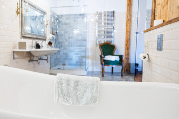 A white tub and glass walk in shower with patterned tiles stand near chrome radiators. A green...