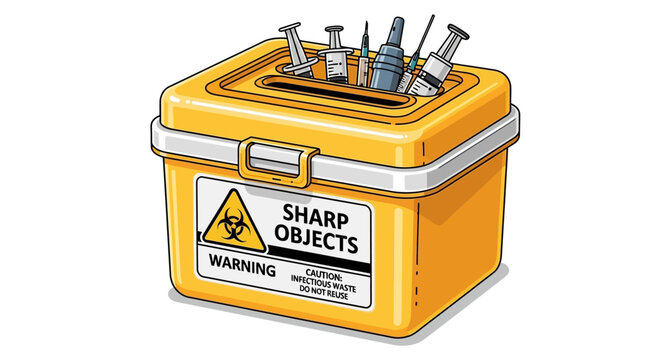 Yellow biohazard sharps container with warning label and medical sharps like needles and syringes inside, isolated on