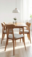 Obraz premium A light-filled dining room with a wooden table and chairs. Simple, modern design with white walls and soft natural light