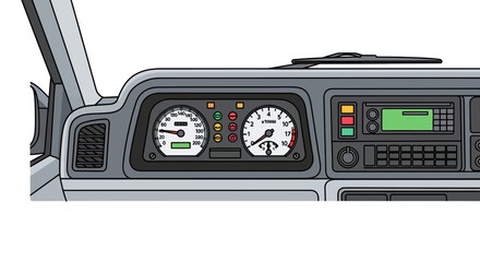 Fototapeta premium Closeup view cars dashboard, showing the instrument cluster with speedometer, tachometer, fuel gauge, and warning lights, as well as the radio and air vents