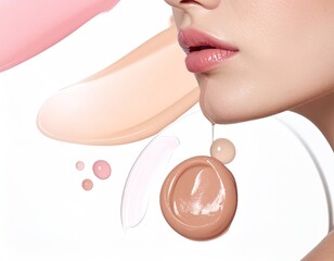 Close-up of woman's face with cosmetic samples.  Various shades of foundation and lip gloss displayed