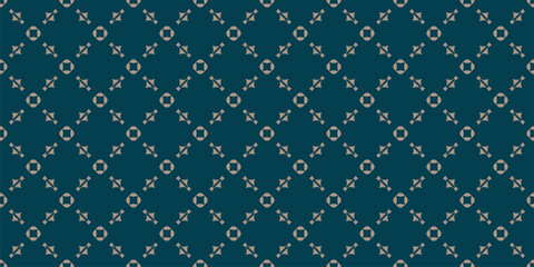 Fototapeta na wymiar Vector ornamental seamless pattern. Elegant geometric background, texture with lattice, floral shapes, grid. Dark teal green and beige color. Repeating design for print, decor, wallpaper, textile