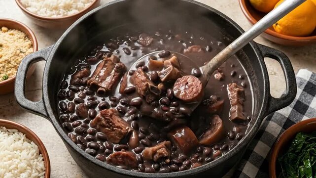 Hearty feijoada being stirred with a ladle in a rustic kitchen.
