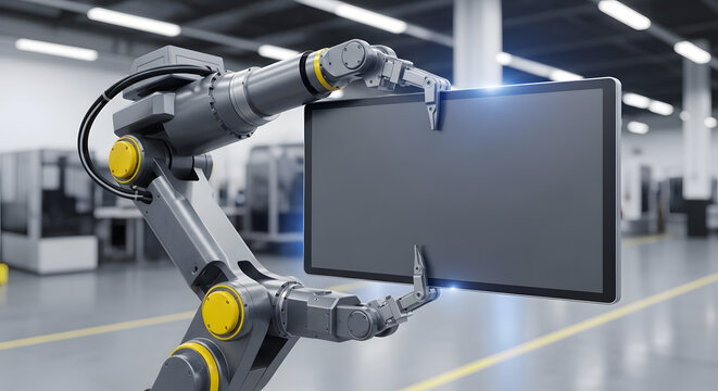 Robotic arm holding digital tablet in industrial factory setting for technology concepts