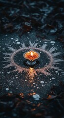 Golden lamp illuminating a frosty dark surface with intricate ice patterns creating a mystical glow