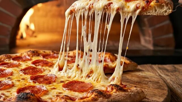 Delicious pepperoni pizza slice with melting cheese pulled from oven.