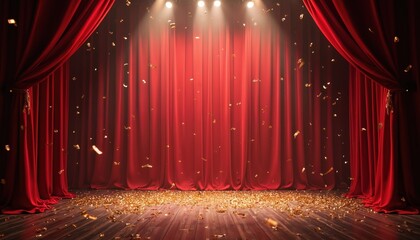 Dramatic stage backdrop with rich red curtains illuminated by spotlights. Confetti falls creating festive atmosphere. Image suggests entertainment celebration, glamour. Perfect for event design