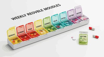 Weekly pill organizer with multiple compartments for daily medication, isolated on