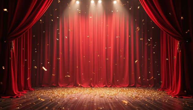 Dramatic stage backdrop with rich red curtains illuminated by spotlights. Confetti falls creating festive atmosphere. Image suggests entertainment celebration, glamour. Perfect for event design