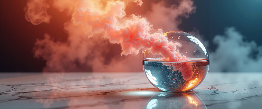 Vibrant smoke in orb floating on marble surface with colorful light   - Powered by Adobe