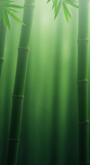 Vertical background featuring tall, rich green bamboo stalks and leaves, set against a softly blurred, misty backdrop with natural light filtering through. Excellent for themes of zen, nature.