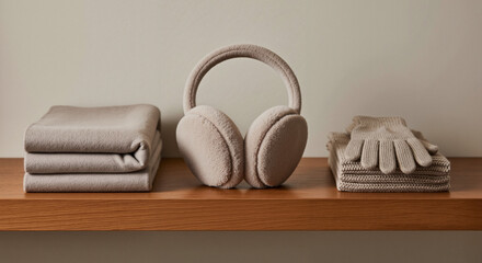 A cozy set of winter accessories including Earmuffs on shelf and a blanket, perfect for home decor and apparel retail content.