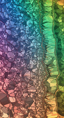 Vertical abstract background featuring a shattered, polygonal mosaic structure with a gradient of vibrant rainbow colors and delicate gold veins. Ideal for themes of digital fragmentation.