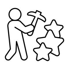 Worker man with pickaxe and stars thin line icon, crypto metaverse concept. Vector graphics. Crypto miner and game points sign on white background, style icon mobile or web design.