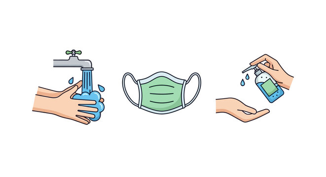 Set three illustrations showing hygiene practices washing hands under running water, medical face mask, and applying hand sanitizer