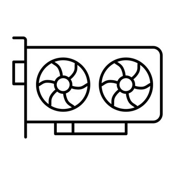 Powerful discrette videocard thin line icon, crypto mining concept. Vector graphics. Modern GPU, video card sign on white background, style icon mobile or web design.